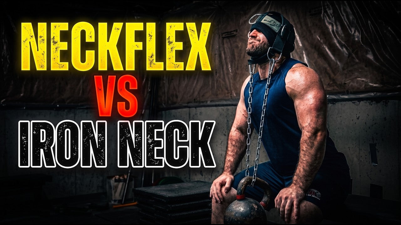Peter from The Strength Classroom with the words Want a bigger, stronger neck? Thumbnail from his video Don't Buy a Neck Harness Until You Watch This.