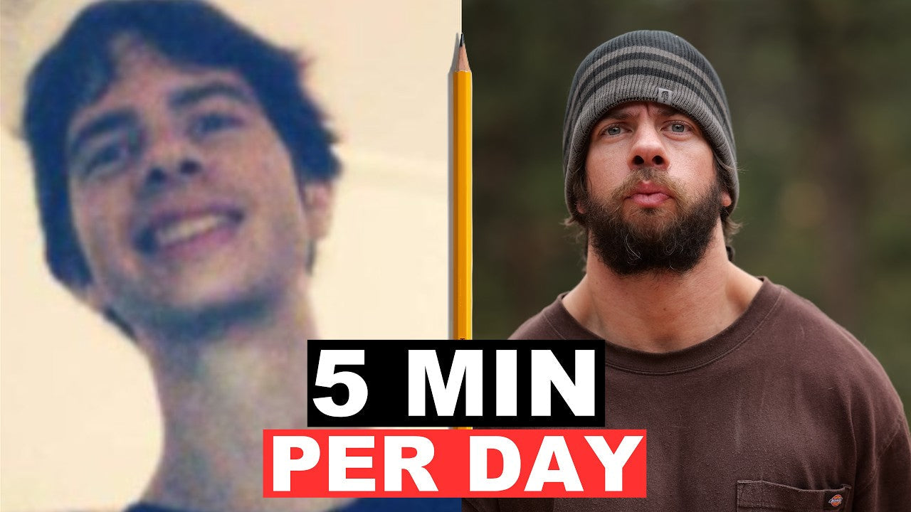 Cody Janko before and after neck training: an older thin-necked photo beside a recent one, with a pencil between them and the words 5 MIN PER DAY. Thumbnail from his video Neck Training Will Change Your Life.