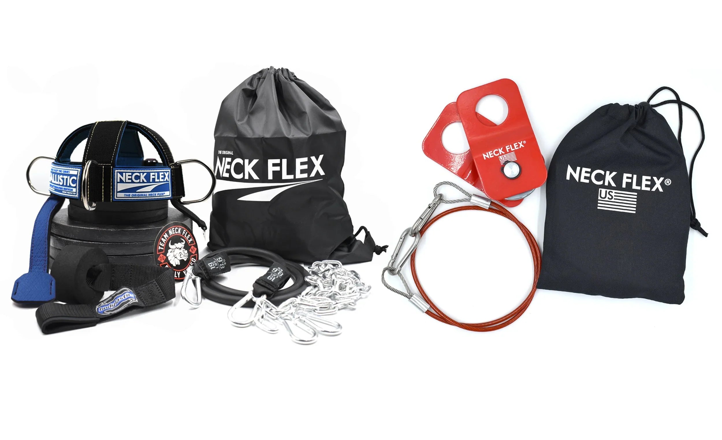 Complete Neck Flex Ballistic Kevlar Series bundle with harness, resistance band, steel chain, carabiners, weight plate and tote bag, beside the Revolver rotation kit with its pulley and steel cable