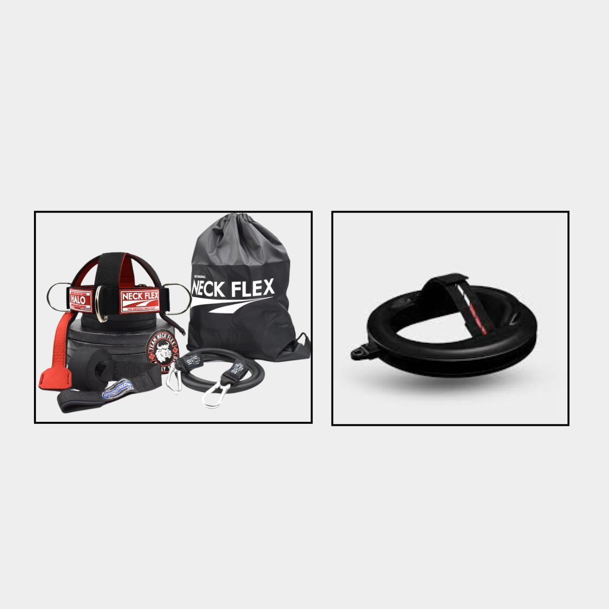 Complete Neck Flex HALO Series kit with harness, resistance band, carabiners, door anchor, strap and carry tote, beside a ring-and-track style neck training device sold on its own