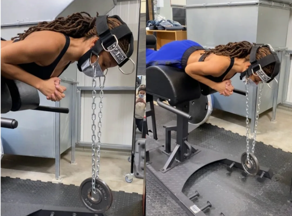 Lifter performing prone neck extensions on a bench in a Neck Flex MMB Pro Series harness loaded with a weight plate on a steel chain, shown from two angles