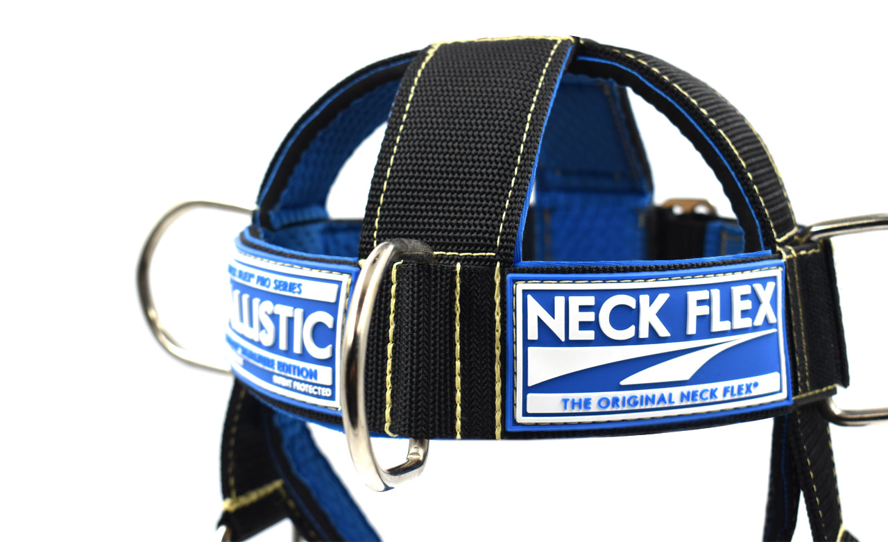 Neck Flex Ballistic Kevlar neck harness, close-up of the NECK FLEX The Original Neck Flex label and Kevlar stitching