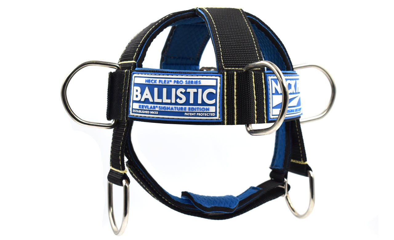 Neck Flex Ballistic Kevlar neck harness, front view showing the BALLISTIC label and steel D-rings