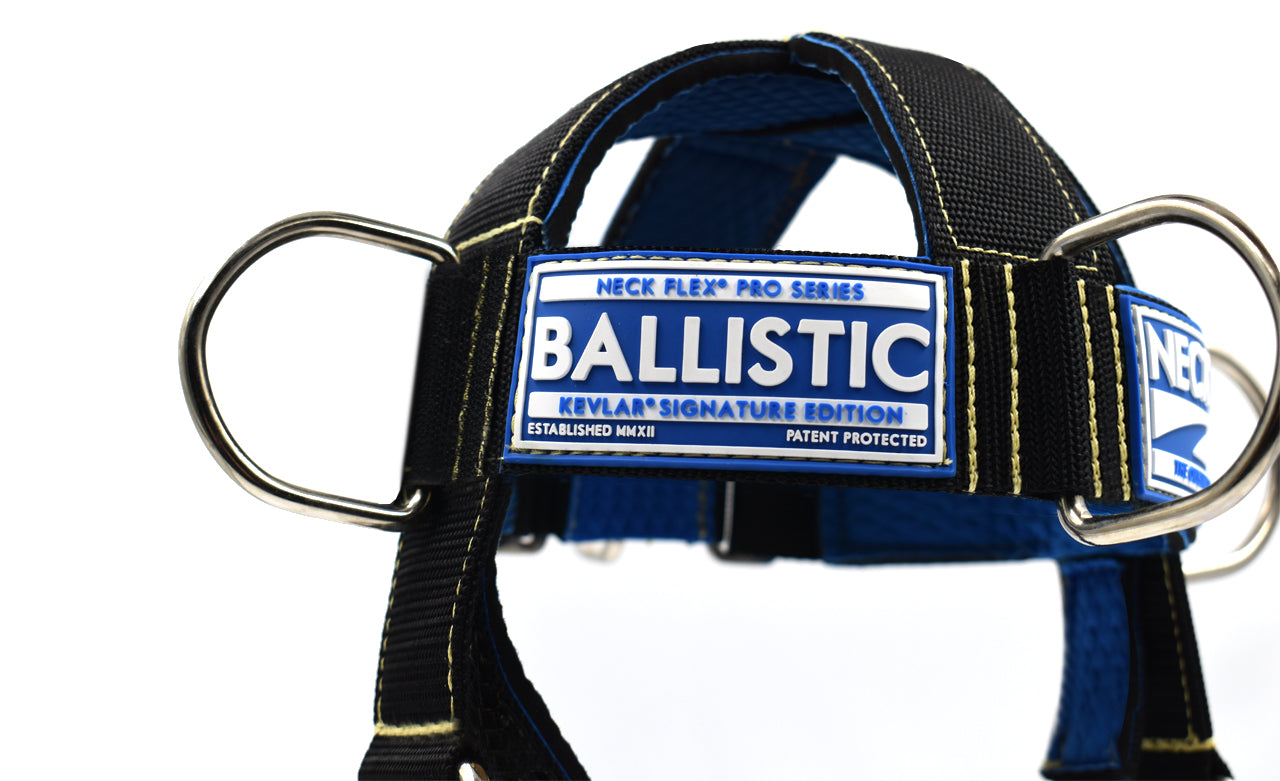 Neck Flex Ballistic Kevlar neck harness, close-up of the BALLISTIC Kevlar Signature Series label