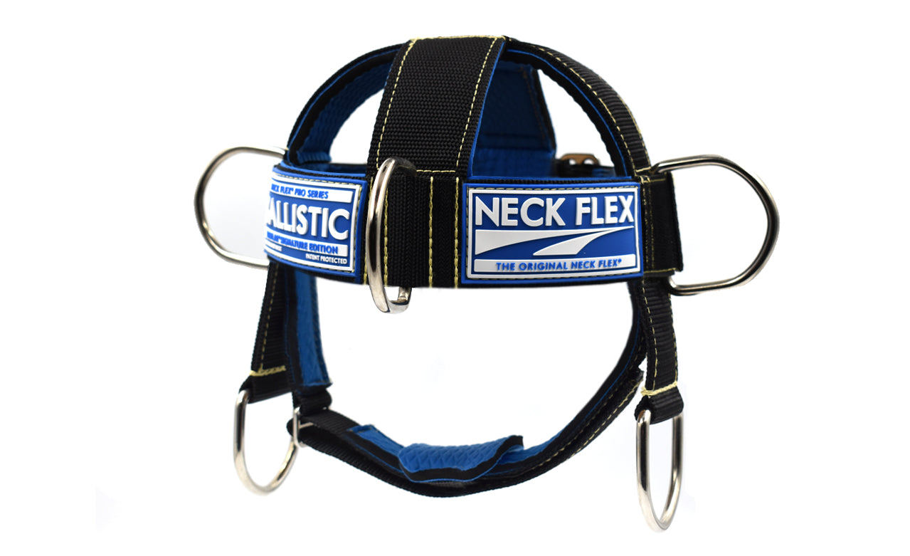 Neck Flex Ballistic Kevlar neck harness, front view showing the NECK FLEX label and D-rings