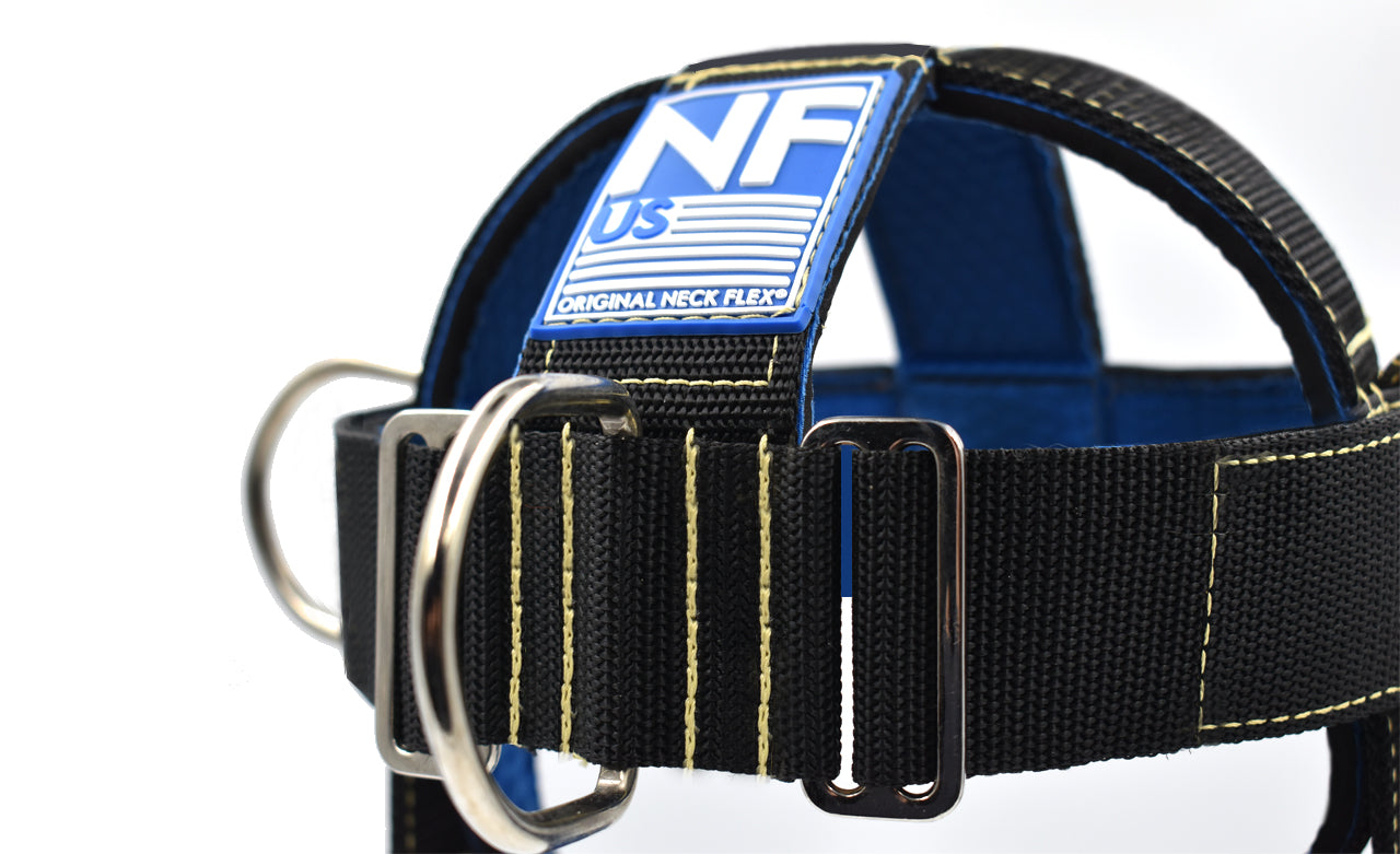 Neck Flex Ballistic Kevlar neck harness, rear view showing the NF US label and tri-glide adjustment buckles