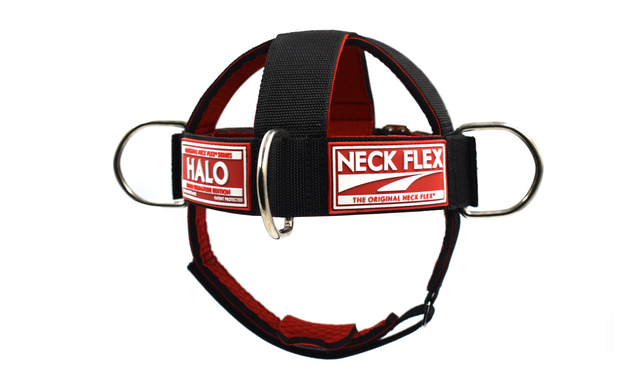Neck Flex HALO neck harness, front view showing the NECK FLEX label and D-rings