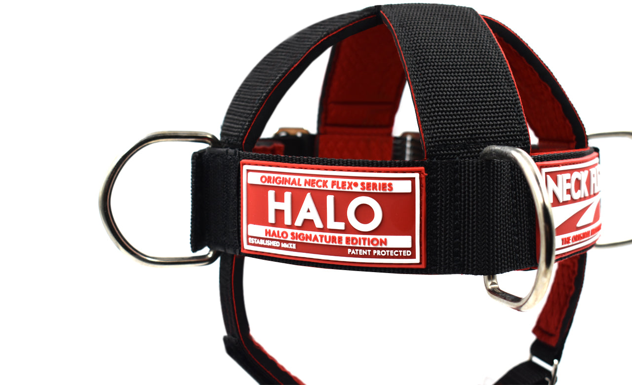 Neck Flex HALO neck harness, close-up of the HALO Original Neck Flex Series label