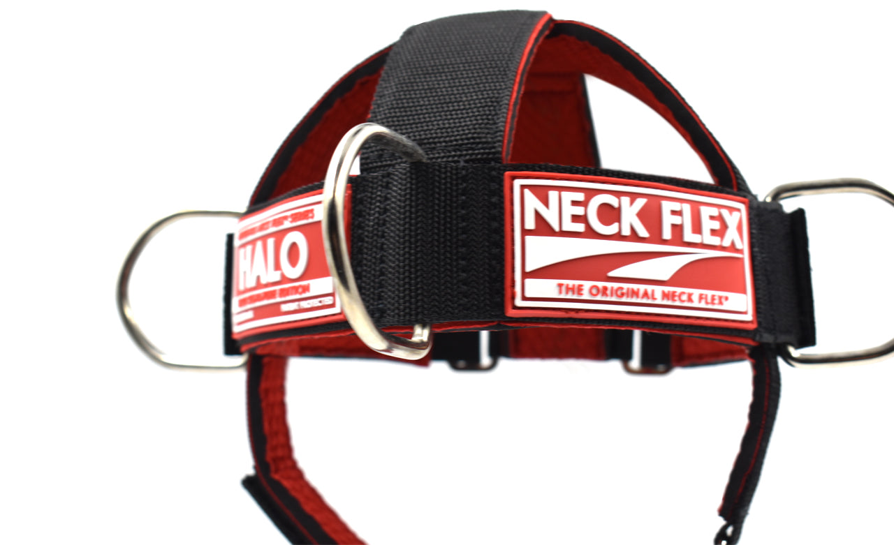 Neck Flex HALO neck harness, close-up of the NECK FLEX The Original Neck Flex label