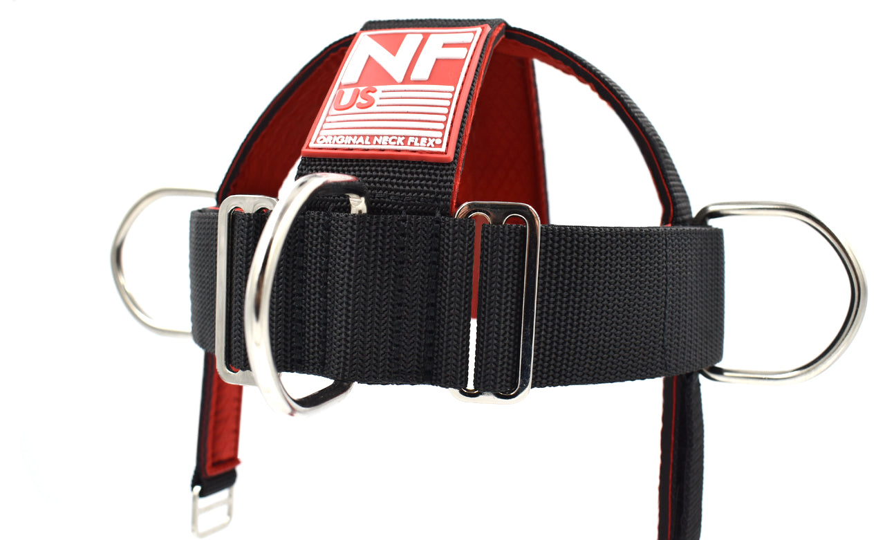 Neck Flex HALO neck harness, rear view showing the NF US label and tri-glide adjustment buckles