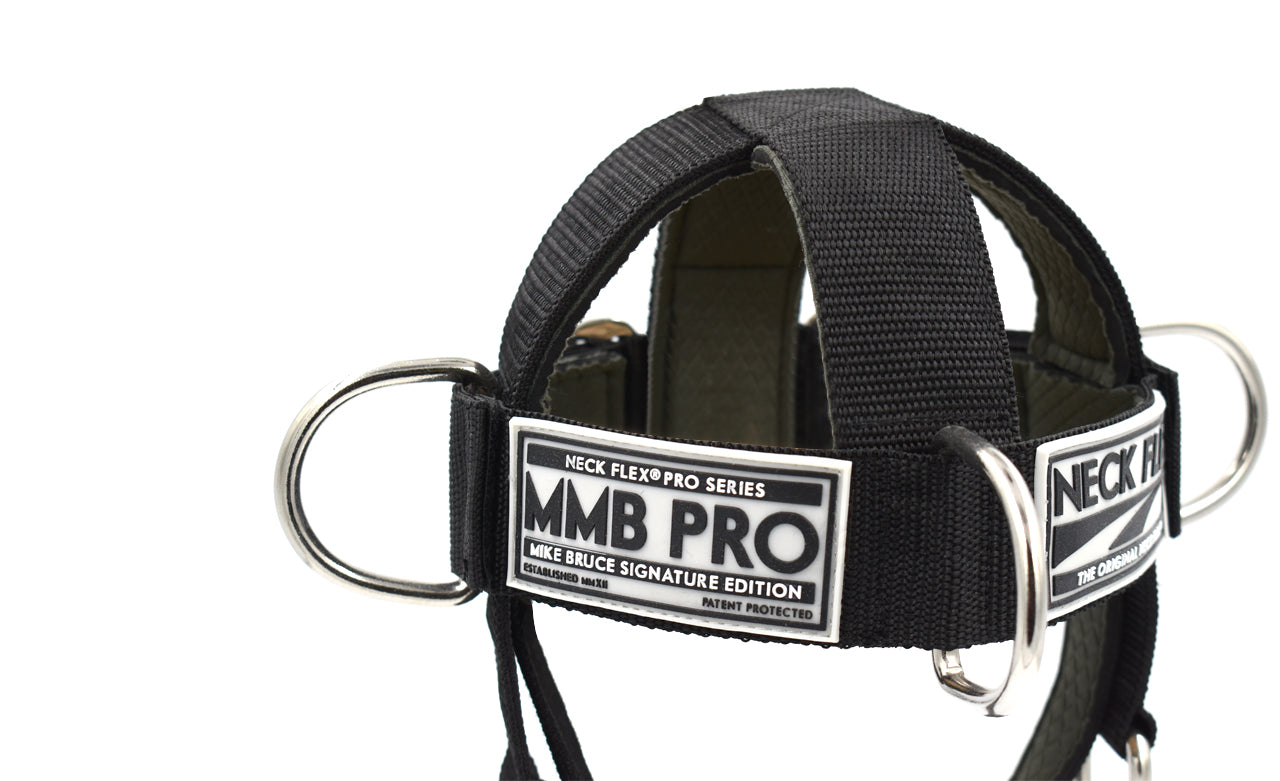 Neck Flex MMB Pro neck harness, side view with MMB PRO and NECK FLEX labels