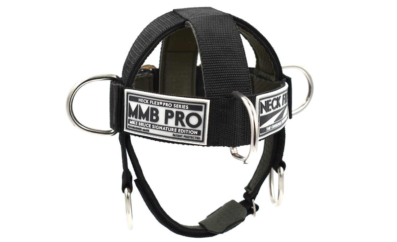 Neck Flex MMB Pro neck harness, angled view showing the MMB PRO label and steel D-rings
