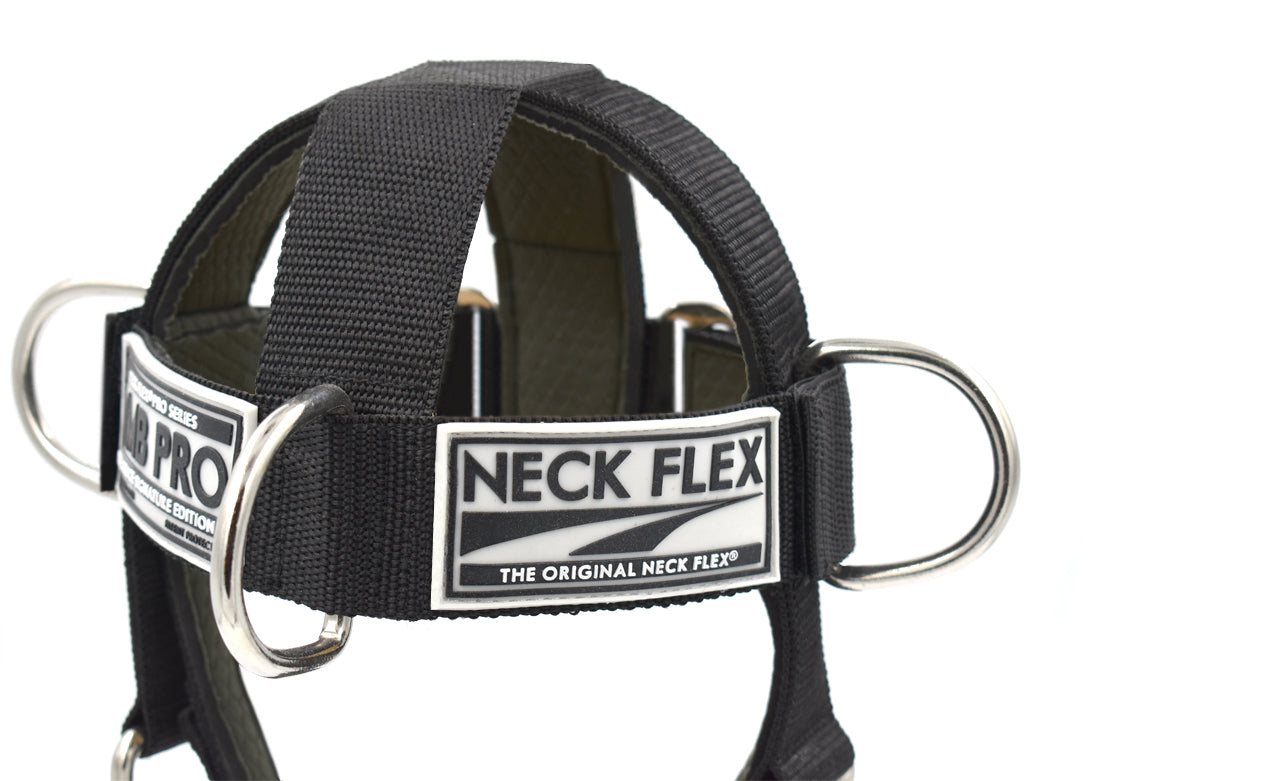 Neck Flex MMB Pro neck harness, close-up of the NECK FLEX The Original Neck Flex label