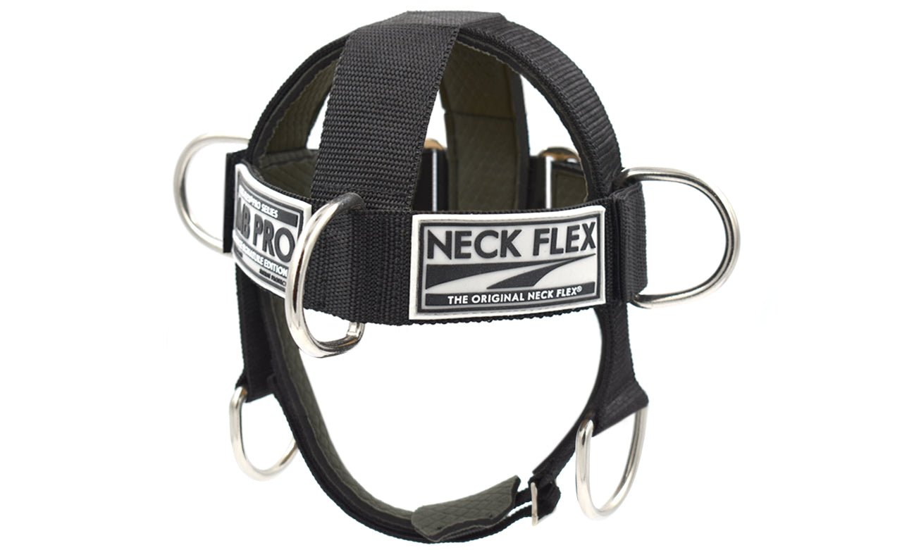 Neck Flex MMB Pro plate-loaded neck harness, front view with four steel D-ring attachment points