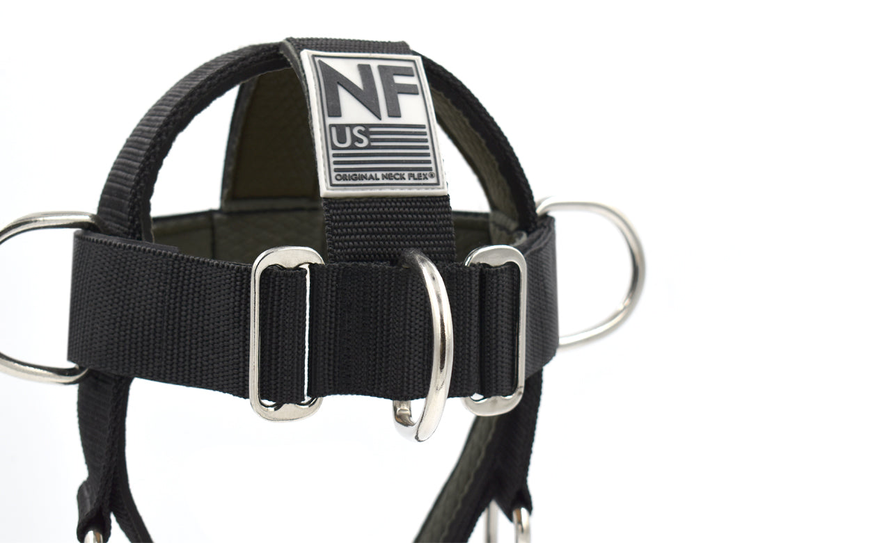 Neck Flex MMB Pro neck harness, rear view showing the NF US label and tri-glide adjustment buckles
