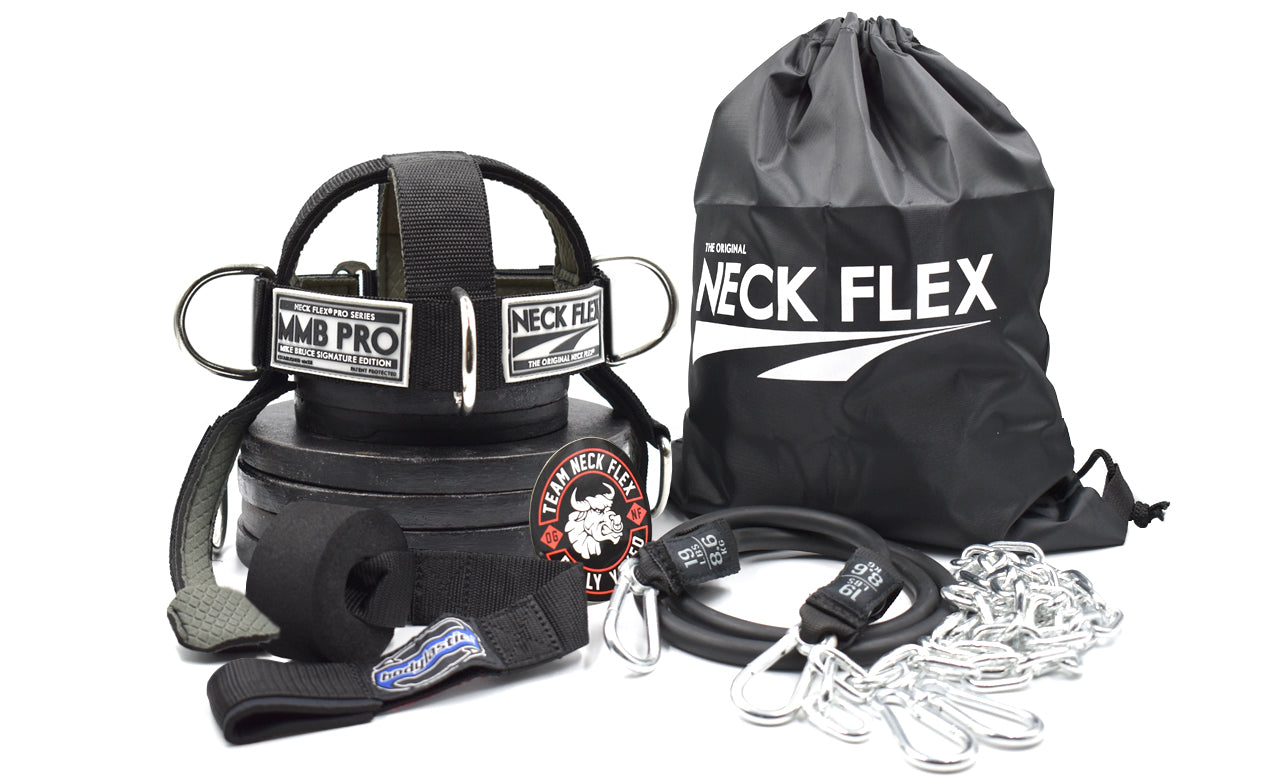 Neck Flex MMB Pro Series plate-loaded neck harness kit: black harness, Neck Flex tote bag, loading chain, carabiners and sticker