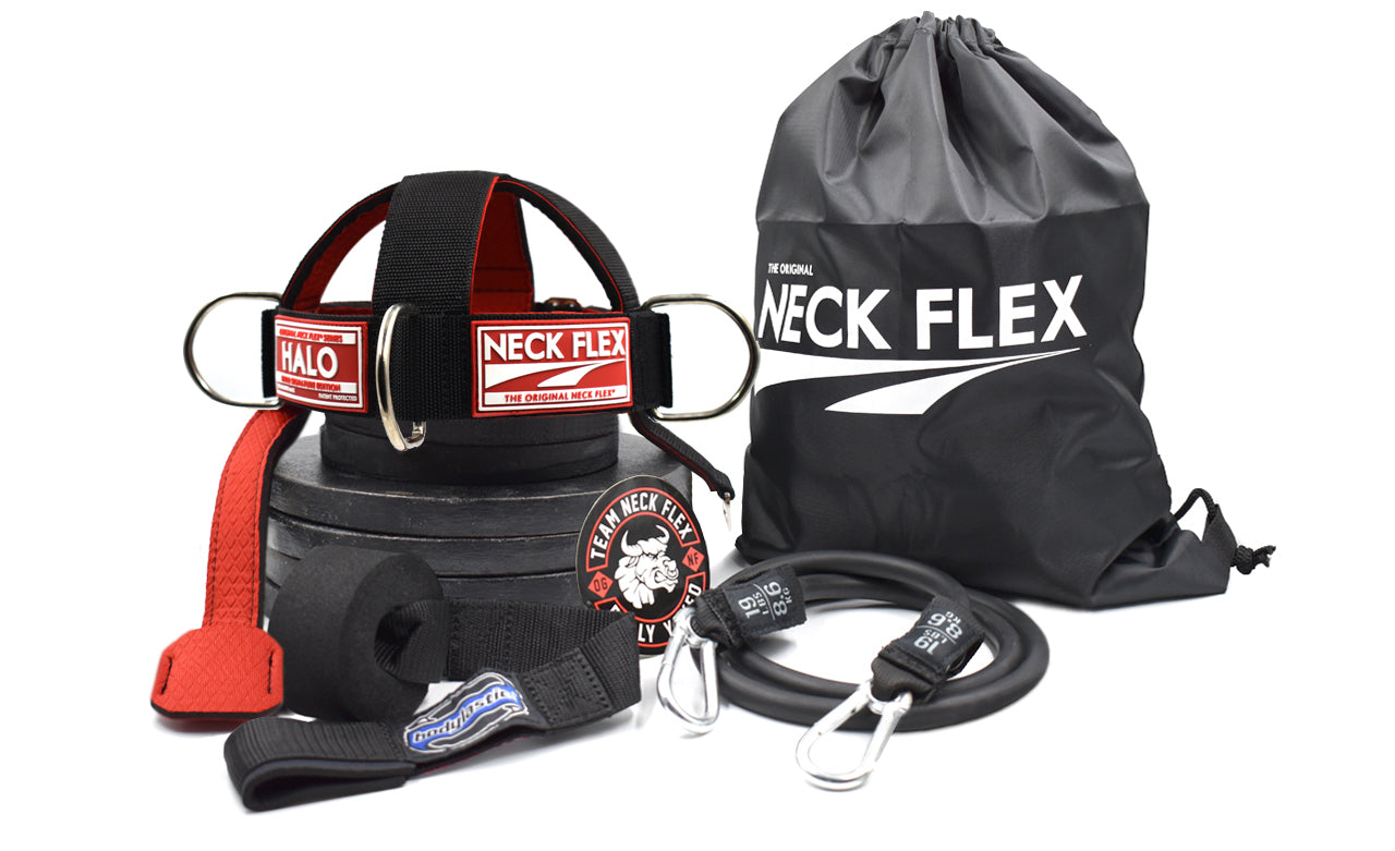Neck Flex HALO Series resistance band neck harness kit: red harness, resistance band, door anchor, Neck Flex tote bag and sticker
