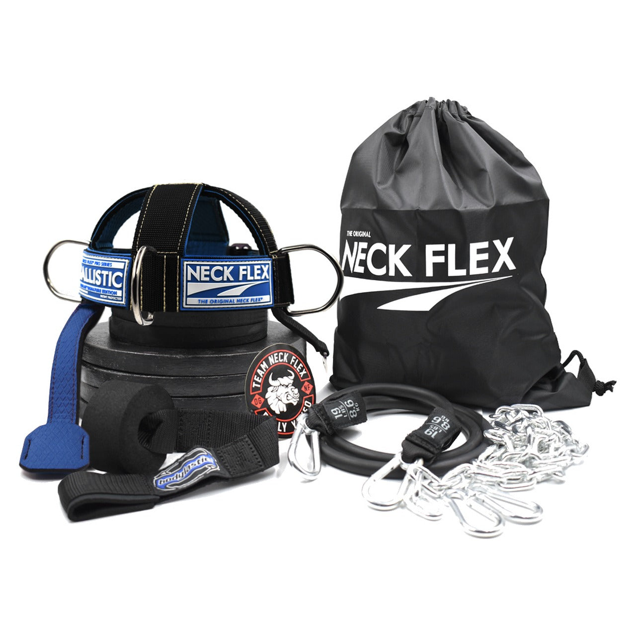 Neck Flex® Ballistic Kevlar® Series Kit: Kevlar-stitched neck harness, loading chain, carabiners, Bodylastics band, door anchor and tote bag