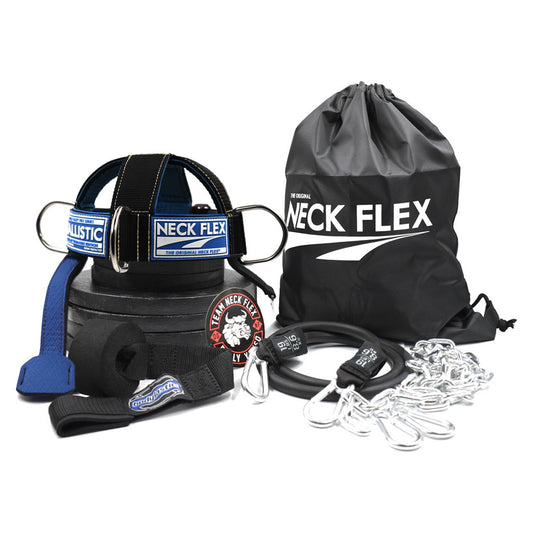 Neck Flex® Ballistic Kevlar® Series Kit: Kevlar-stitched neck harness, loading chain, carabiners, Bodylastics band, door anchor and tote bag