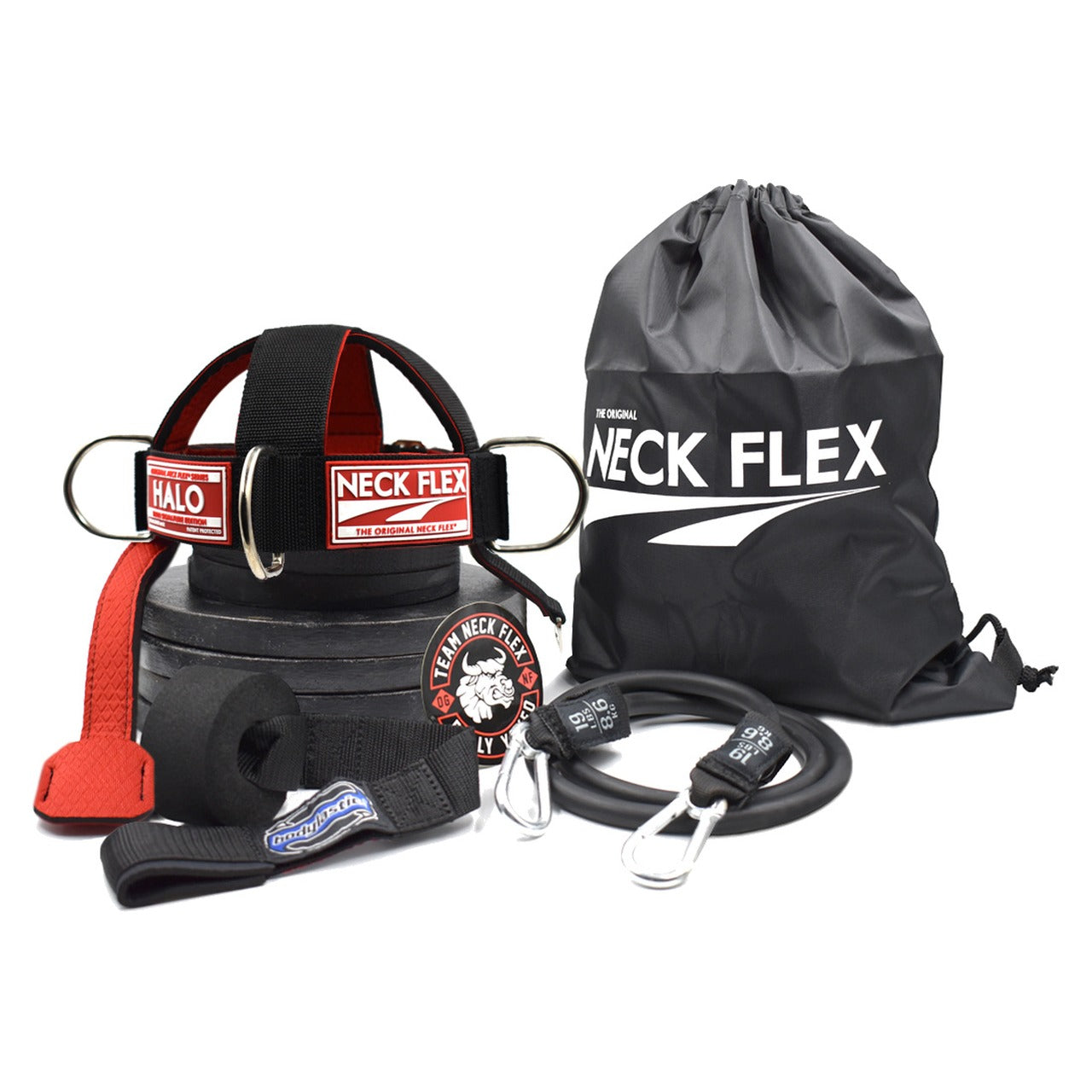 Neck Flex® HALO Series Kit: red resistance-band neck harness, Bodylastics band, door anchor and tote bag