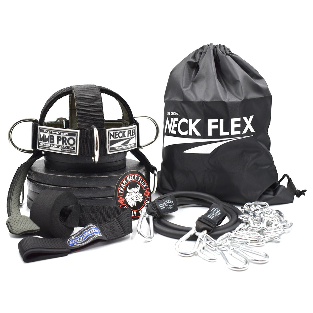 Neck Flex MMB Pro Series Kit: plate-loaded neck harness with MMB PRO and NECK FLEX labels on a stack of weight plates, Neck Flex tote bag, loading chain with carabiners, resistance band, door anchor strap and Team Neck Flex patch, on white